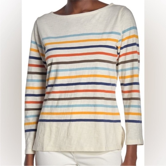 Faherty Tops - Faherty Multi-Color Striped Boatneck 3/4 Sleeve Cotton Top, Small